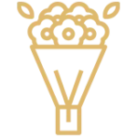 A gold line drawing of a flower.